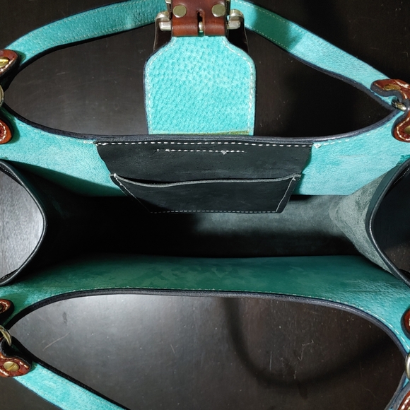 SILVERTIP Hobo Satchel Tooled Leather Saddle Brown and Turquoise Blue and Silver - Picture 11 of 12